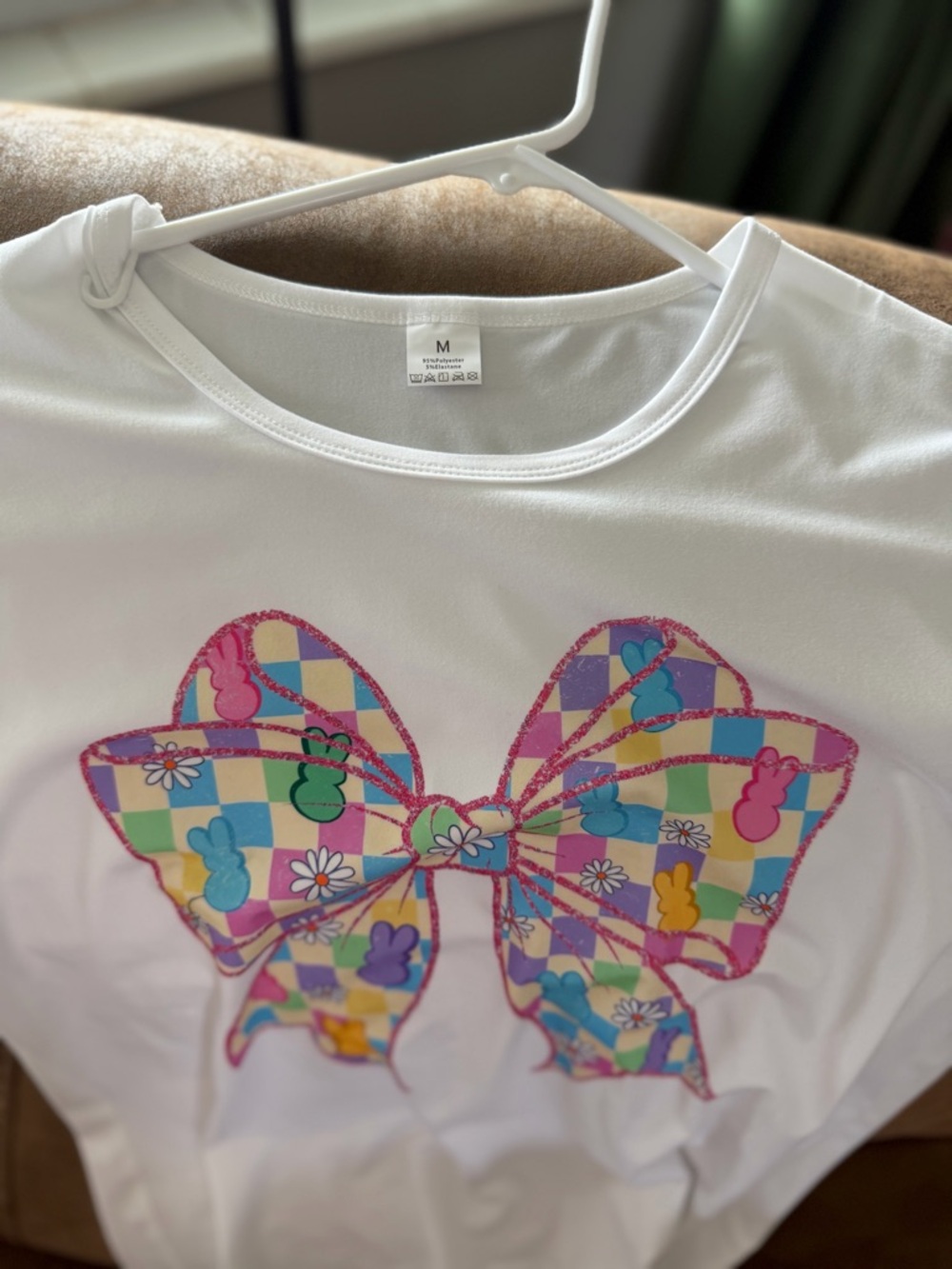 Womens White Tee with Pastel Bow Graphic - Picture 2 of 2
